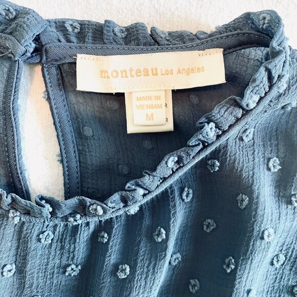 Monteau blue dotted Swiss sleeveless dress Womens Medium ruffle feminine - Picture 4 of 10